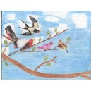 Various little birds in blue sky